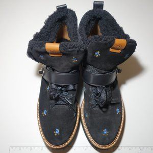 Coach Women's Black Prairie Suede Embroidered Flower Urban Hiker Boots, Size 9B
